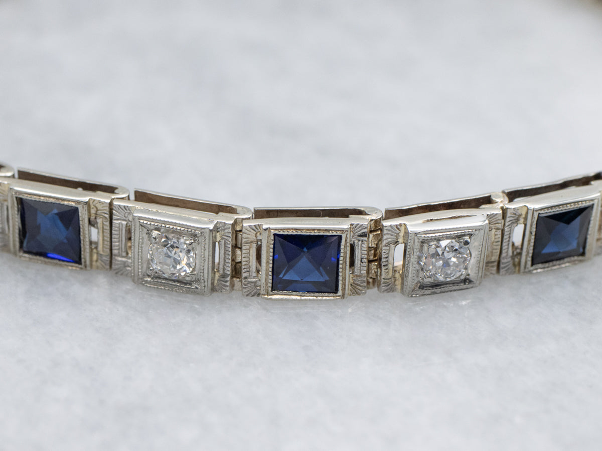 Old Mine Cut Diamond and Synthetic Sapphire Art Deco Era Bracelet