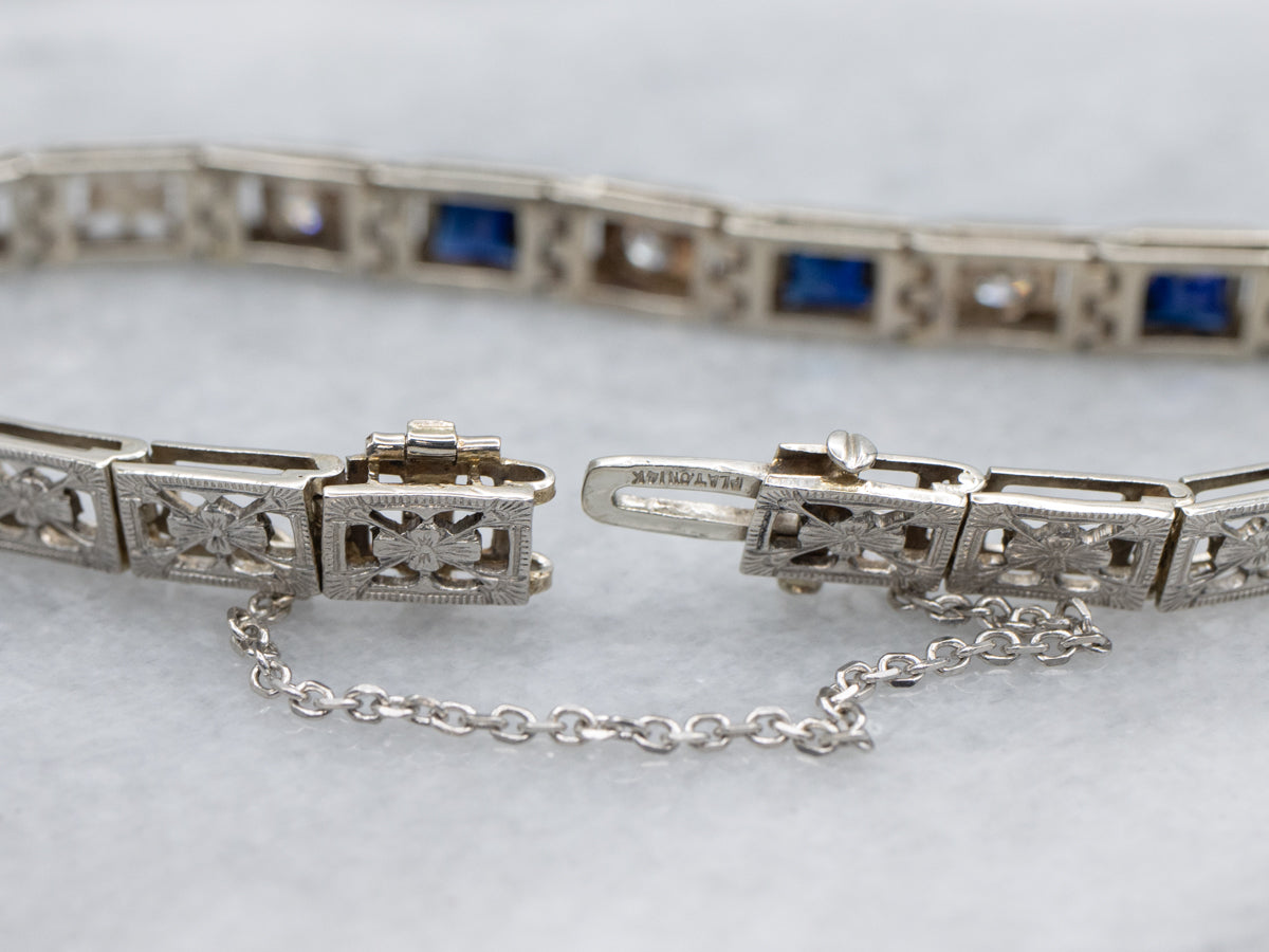 Old Mine Cut Diamond and Synthetic Sapphire Art Deco Era Bracelet