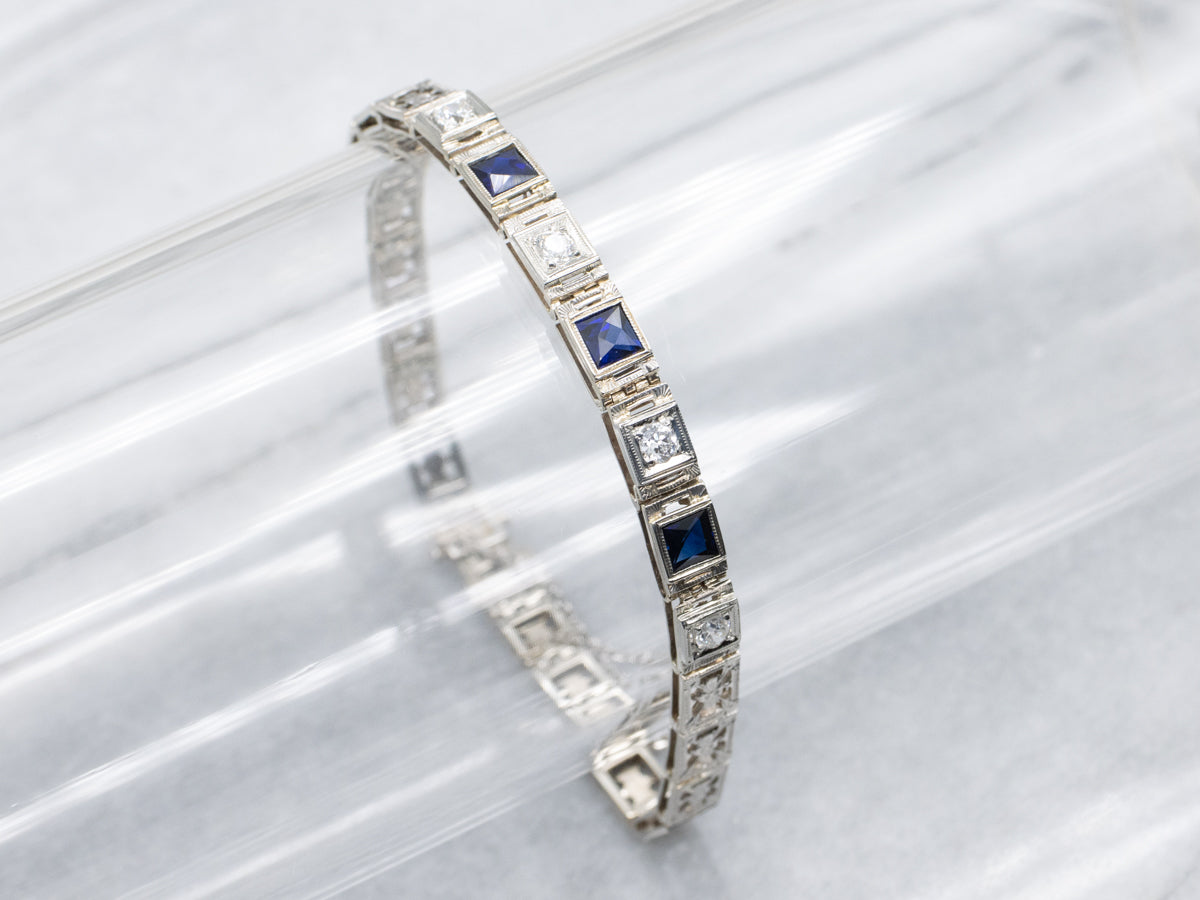 Old Mine Cut Diamond and Synthetic Sapphire Art Deco Era Bracelet