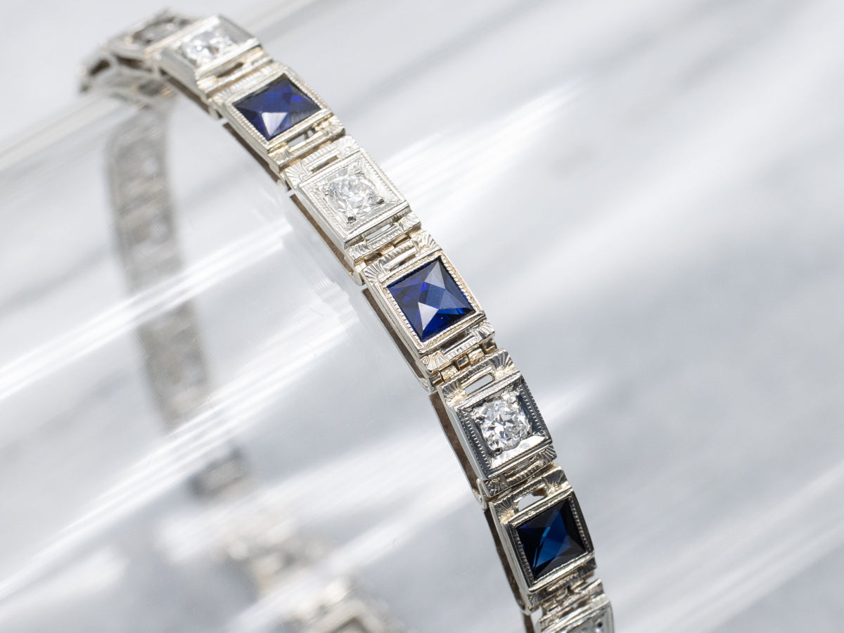 Old Mine Cut Diamond and Synthetic Sapphire Art Deco Era Bracelet