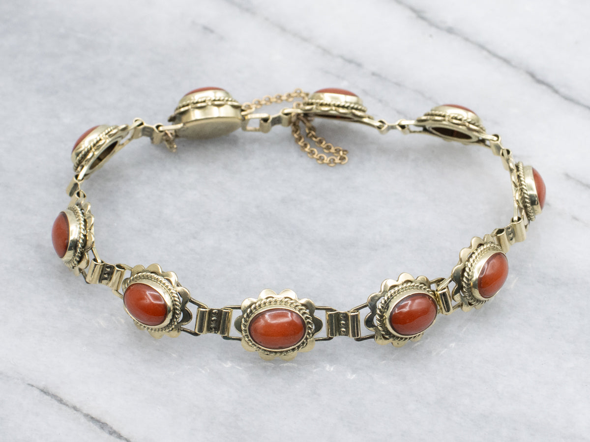 Mid-Century Coral Cabochon and Gold Link Bracelet