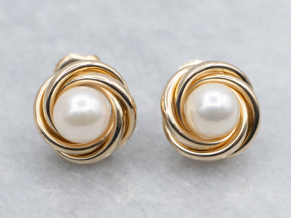 Pearl and Yellow Gold Knot Stud Earrings