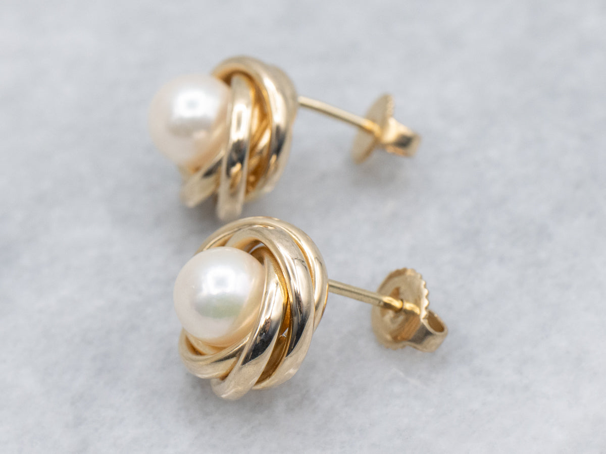 Pearl and Yellow Gold Knot Stud Earrings