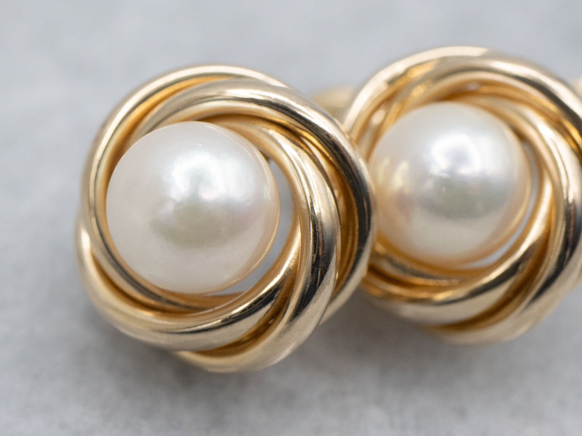 Pearl and Yellow Gold Knot Stud Earrings