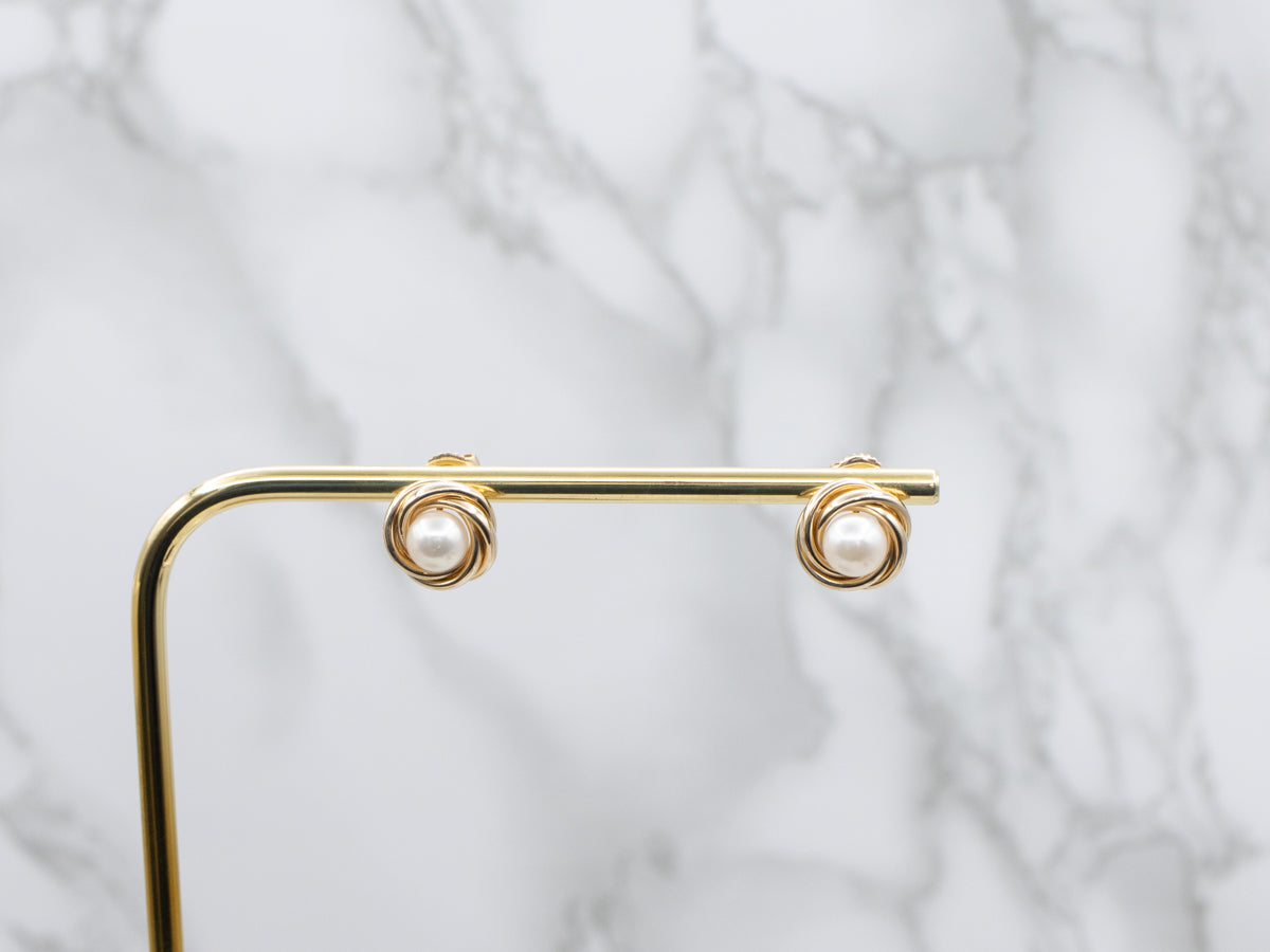 Pearl and Yellow Gold Knot Stud Earrings