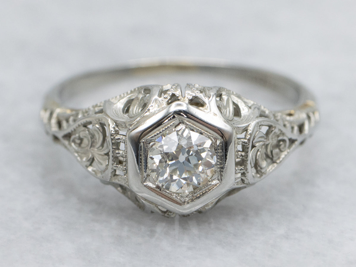 Old Mine Cut Diamond Art Deco Gold Filigree Solitaire Engagement Ring