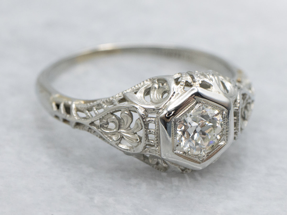 Old Mine Cut Diamond Art Deco Gold Filigree Solitaire Engagement Ring