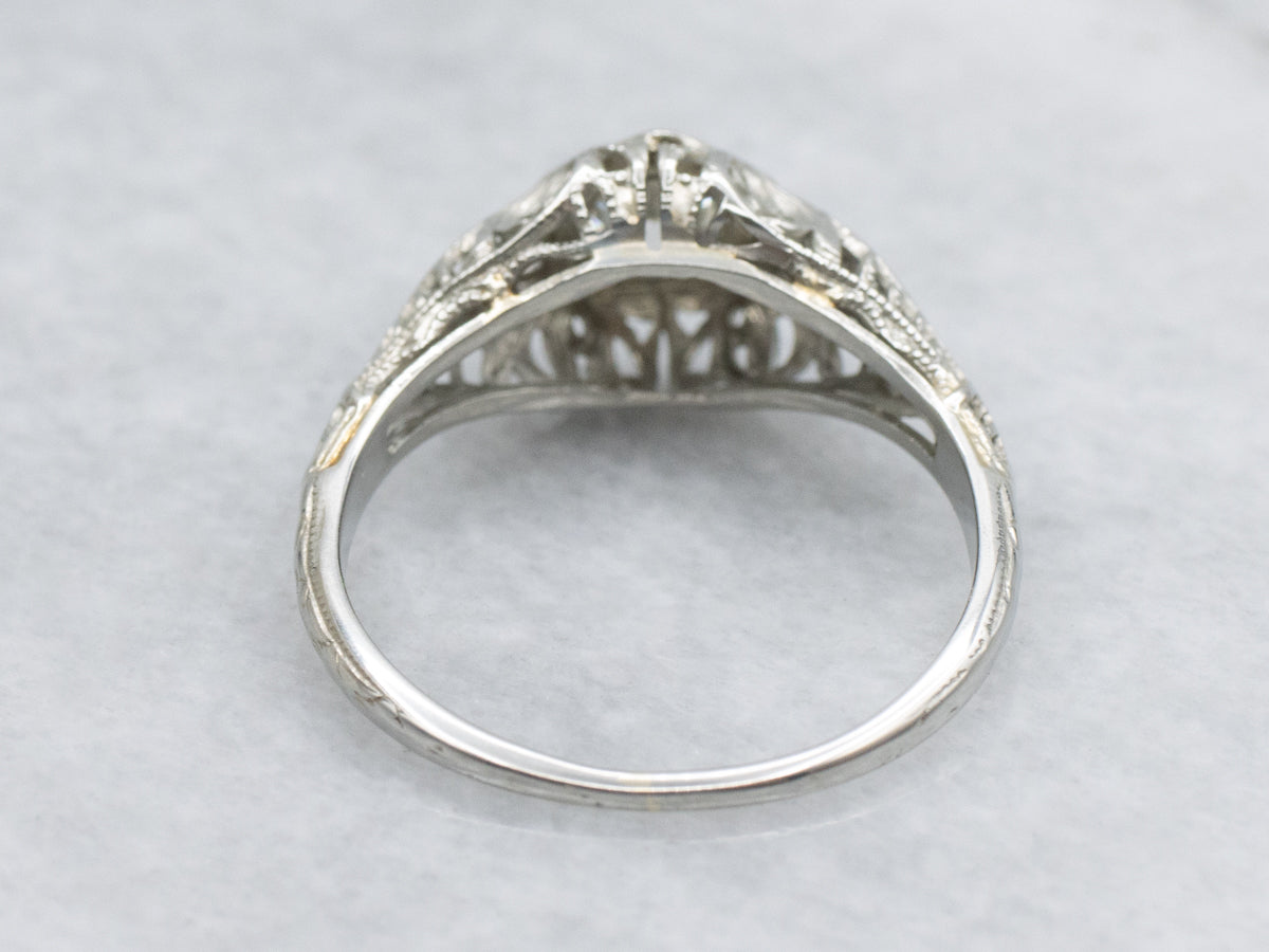 Old Mine Cut Diamond Art Deco Gold Filigree Solitaire Engagement Ring