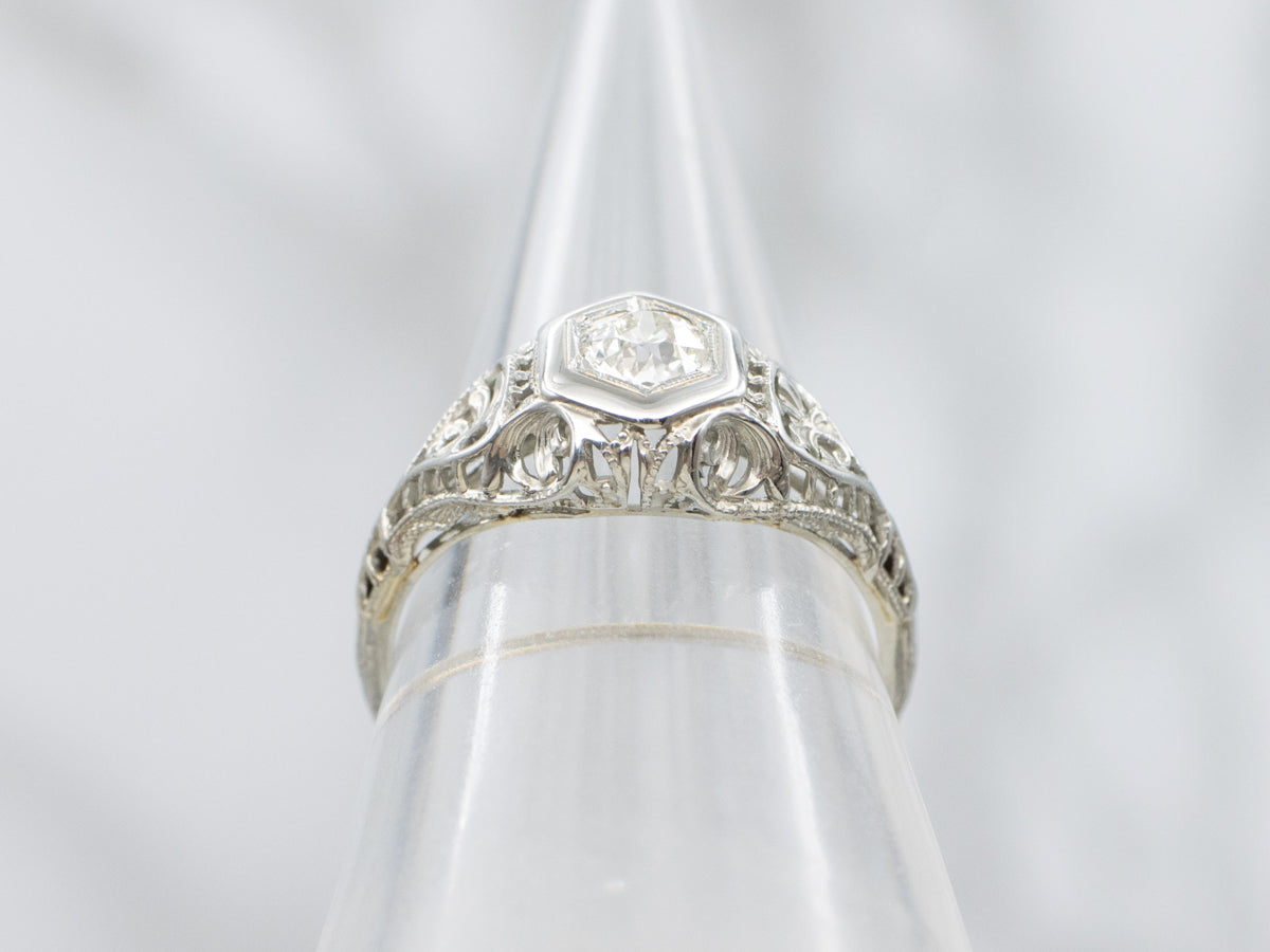 Old Mine Cut Diamond Art Deco Gold Filigree Solitaire Engagement Ring
