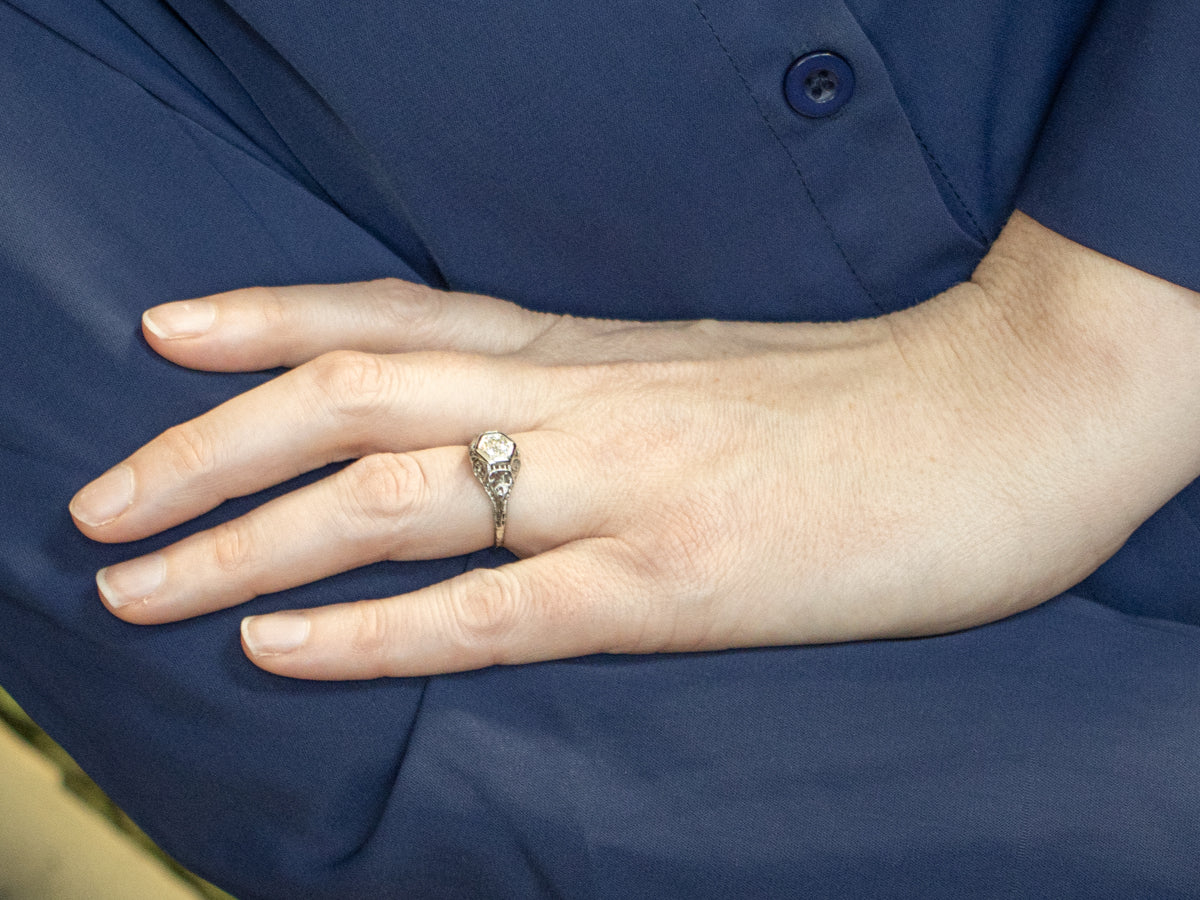 Old Mine Cut Diamond Art Deco Gold Filigree Solitaire Engagement Ring