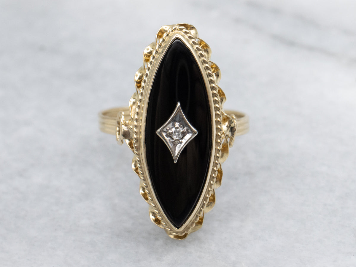 Mid-Century Marquise-Cut Black Onyx and Diamond Ring with Nautical Style