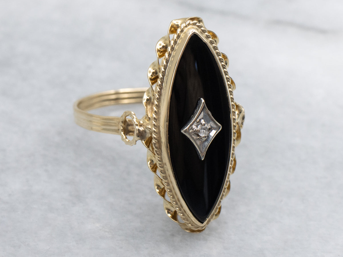 Mid-Century Marquise-Cut Black Onyx and Diamond Ring with Nautical Style