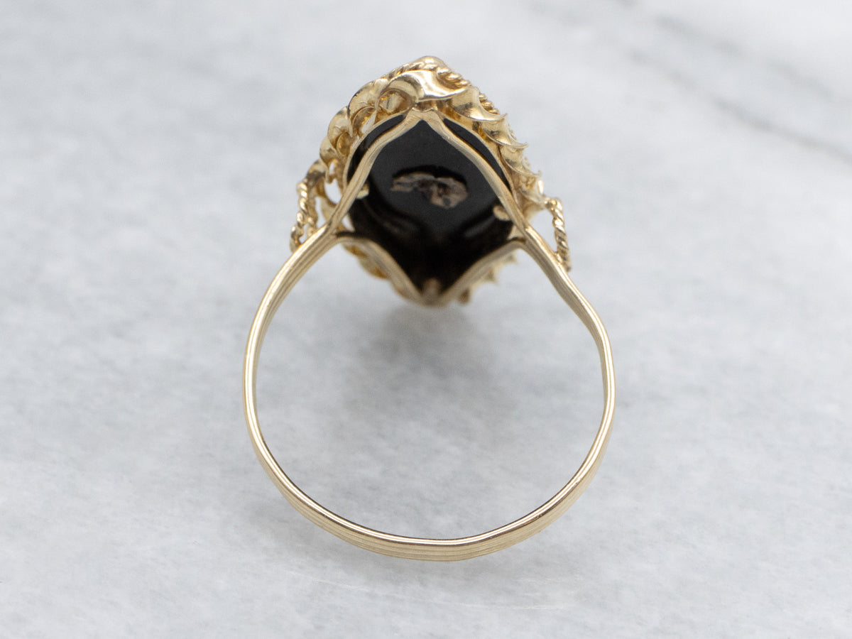 Mid-Century Marquise-Cut Black Onyx and Diamond Ring with Nautical Style