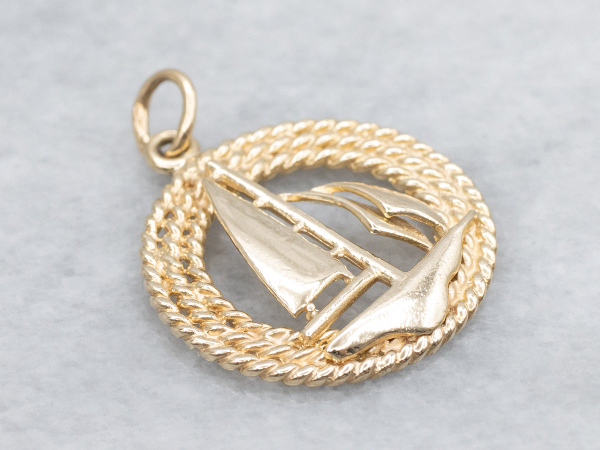 Nautical Sailboat and Rope Twist Polished Gold Pendant
