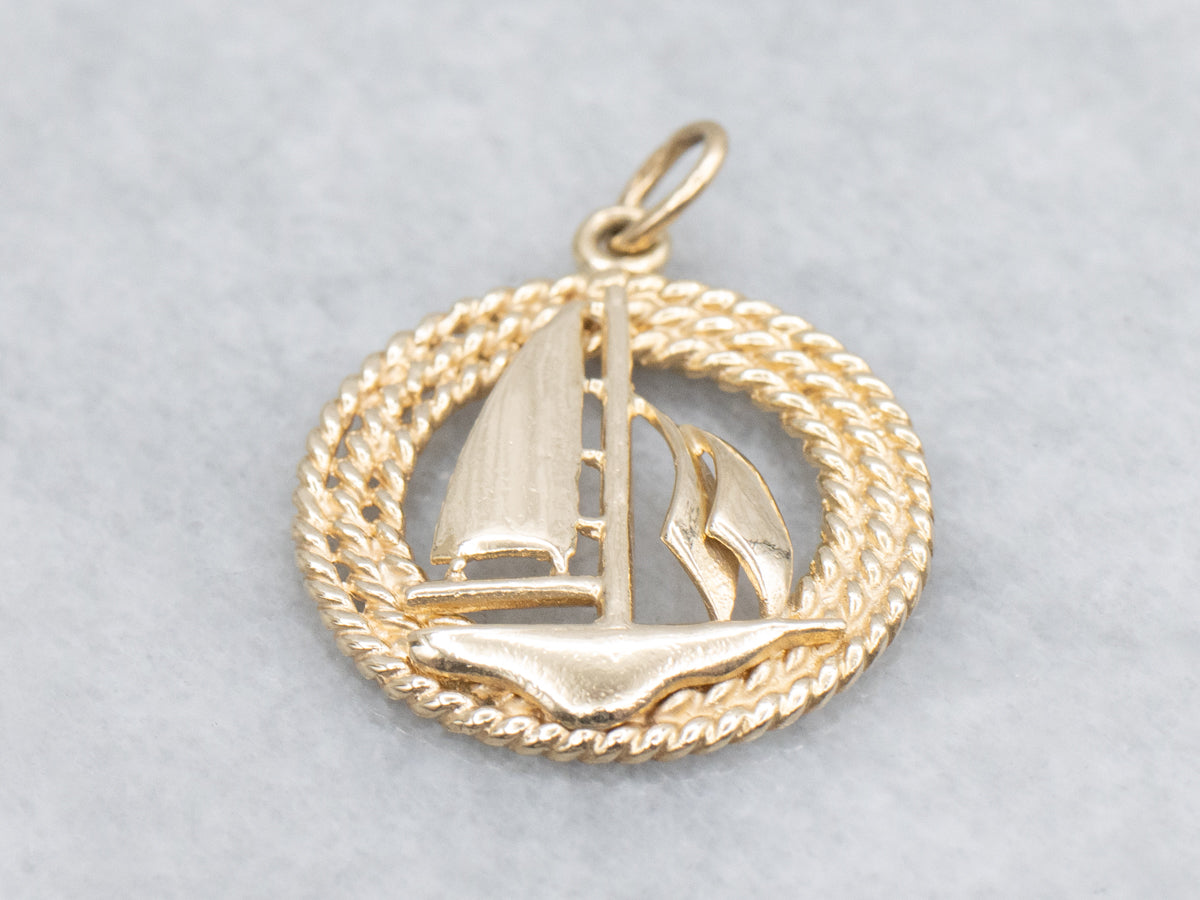 Nautical Sailboat and Rope Twist Polished Gold Pendant