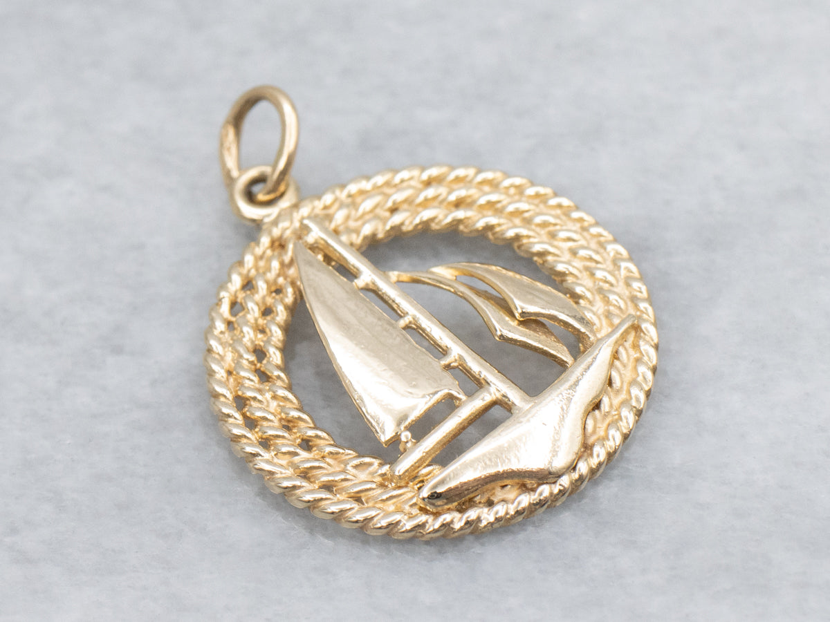 Nautical Sailboat and Rope Twist Polished Gold Pendant