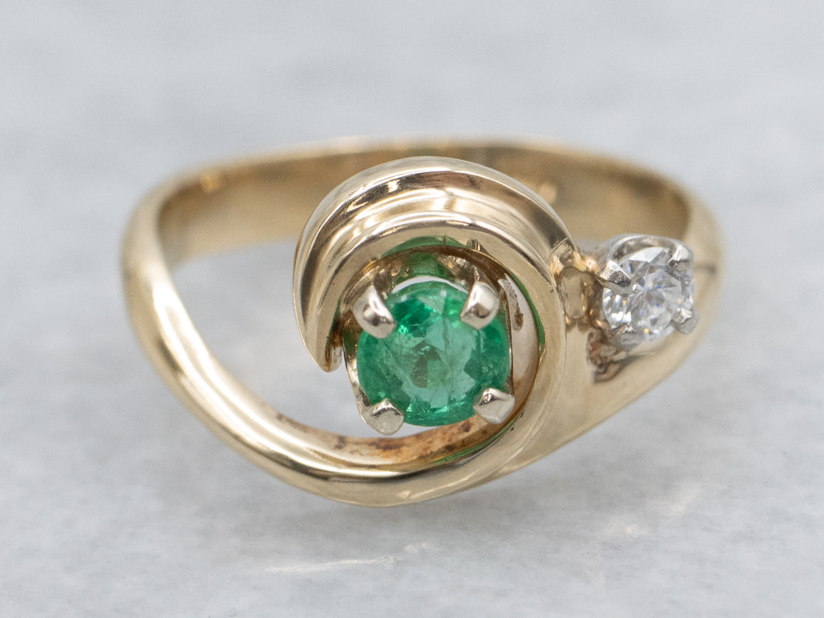 Emerald and Diamond Vintage Gold Swirl Ring