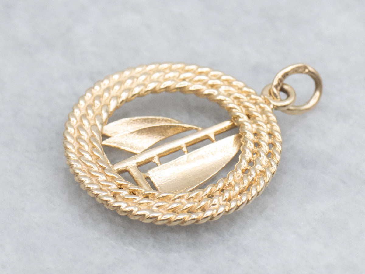 Nautical Sailboat and Rope Twist Polished Gold Pendant