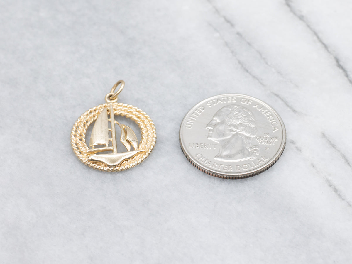 Nautical Sailboat and Rope Twist Polished Gold Pendant