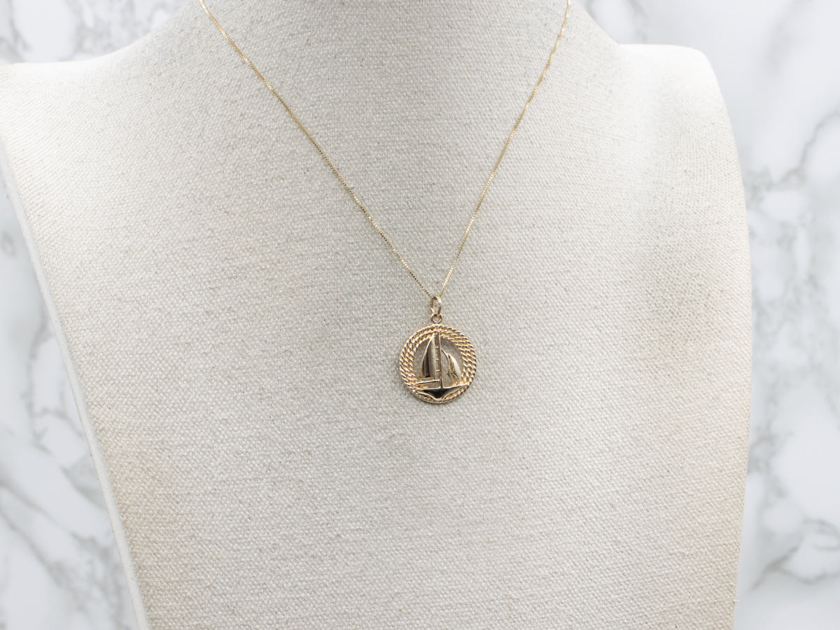 Nautical Sailboat and Rope Twist Polished Gold Pendant