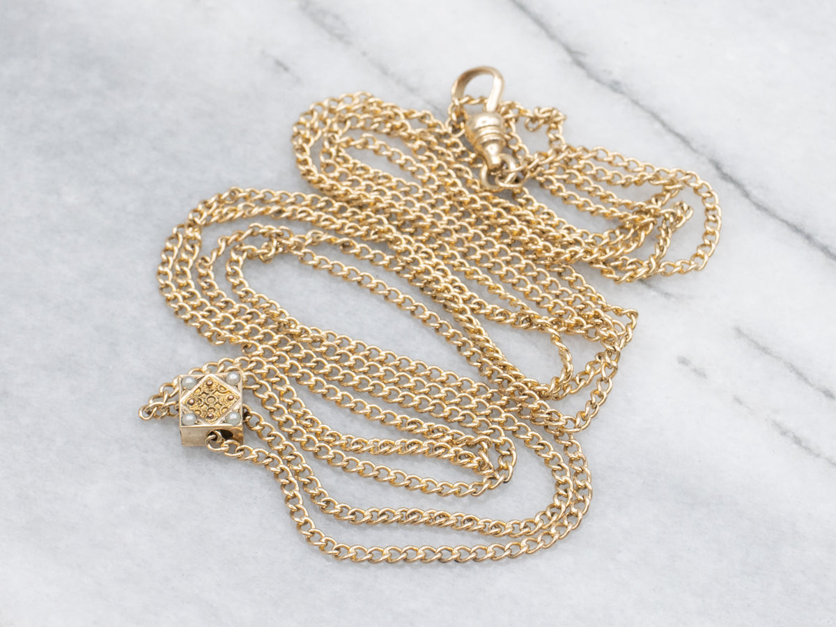 Antique Curb Link Lariat Chain with Seed Pearl Slide and Dog Clip Clasp