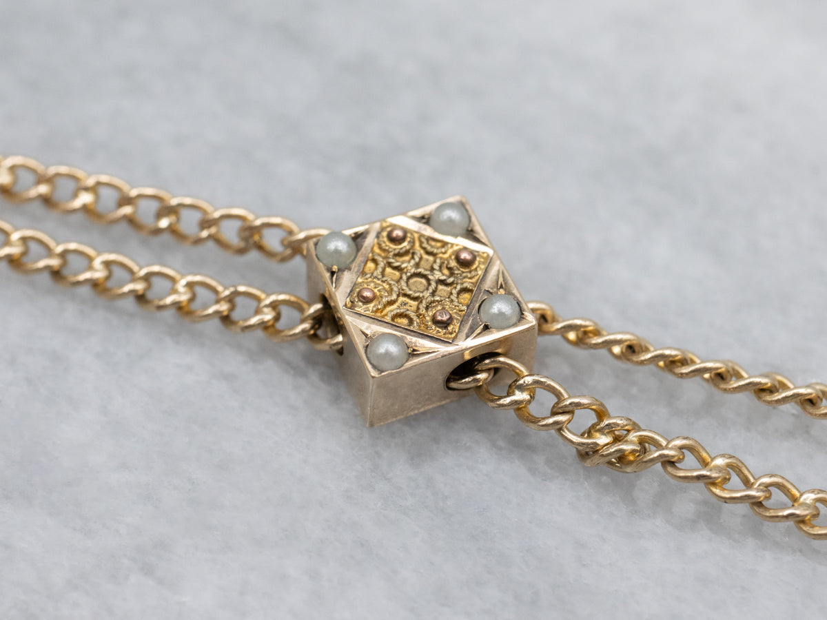 Antique Curb Link Lariat Chain with Seed Pearl Slide and Dog Clip Clasp