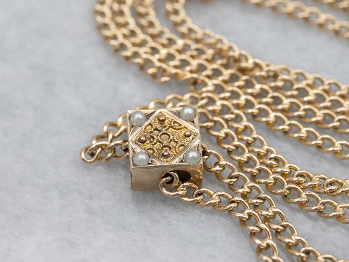 Antique Curb Link Lariat Chain with Seed Pearl Slide and Dog Clip Clasp