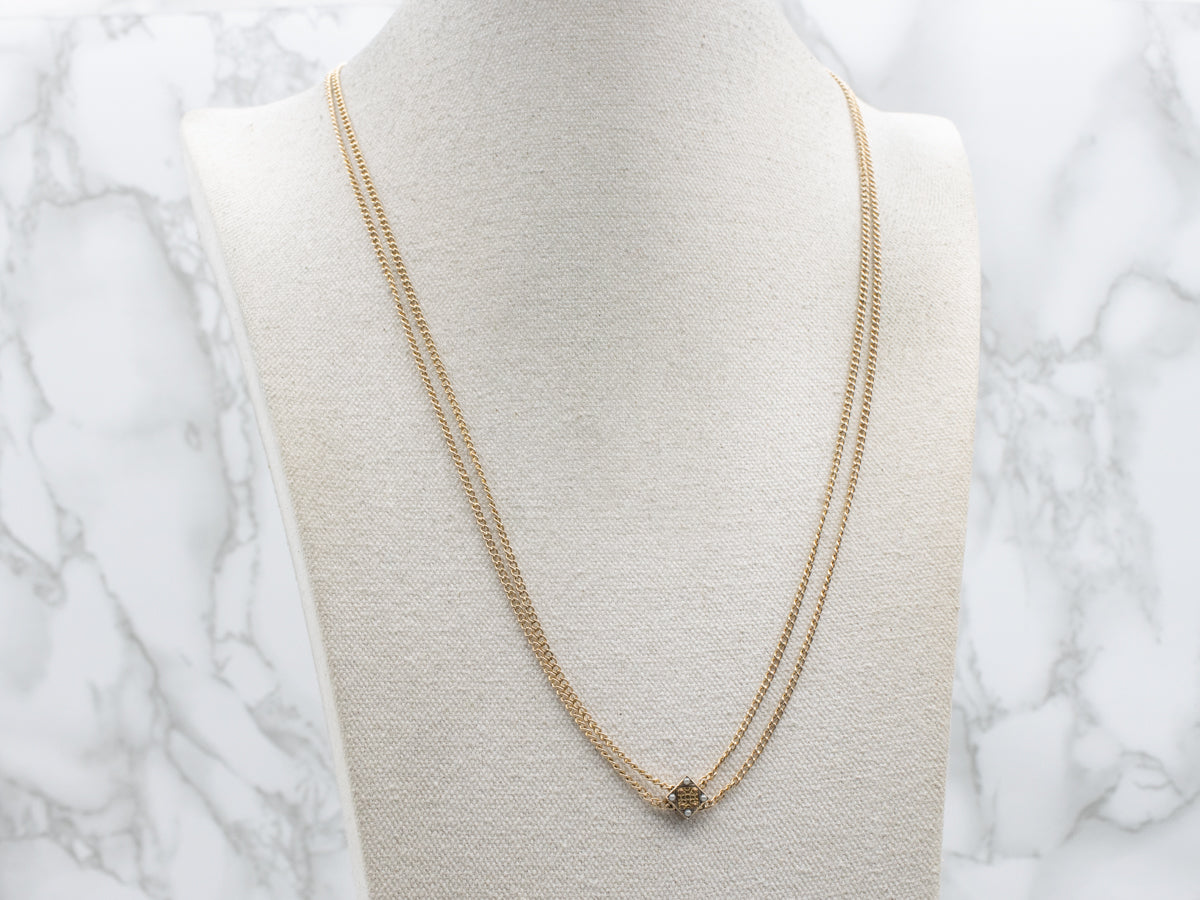 Antique Curb Link Lariat Chain with Seed Pearl Slide and Dog Clip Clasp