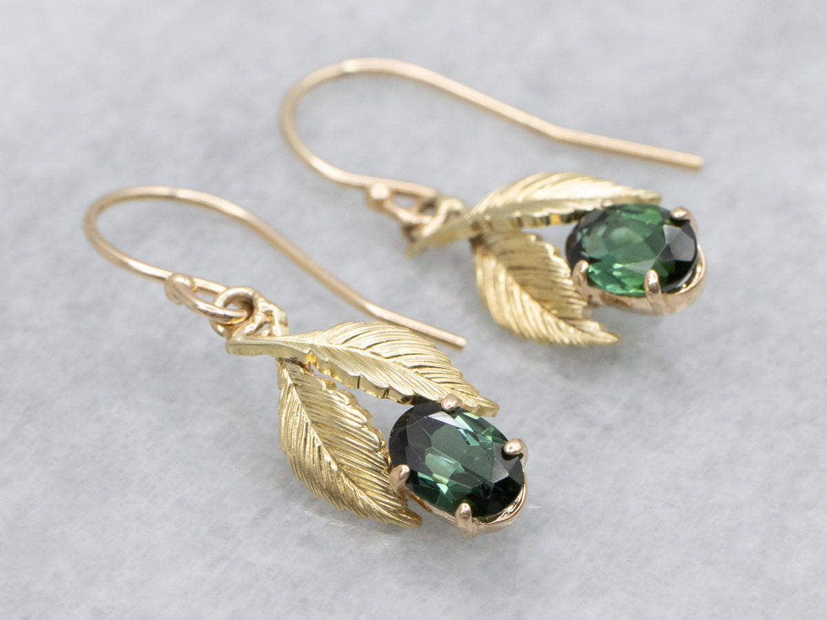 Botanical Green Tourmaline and Gold Leaf Drop Earrings