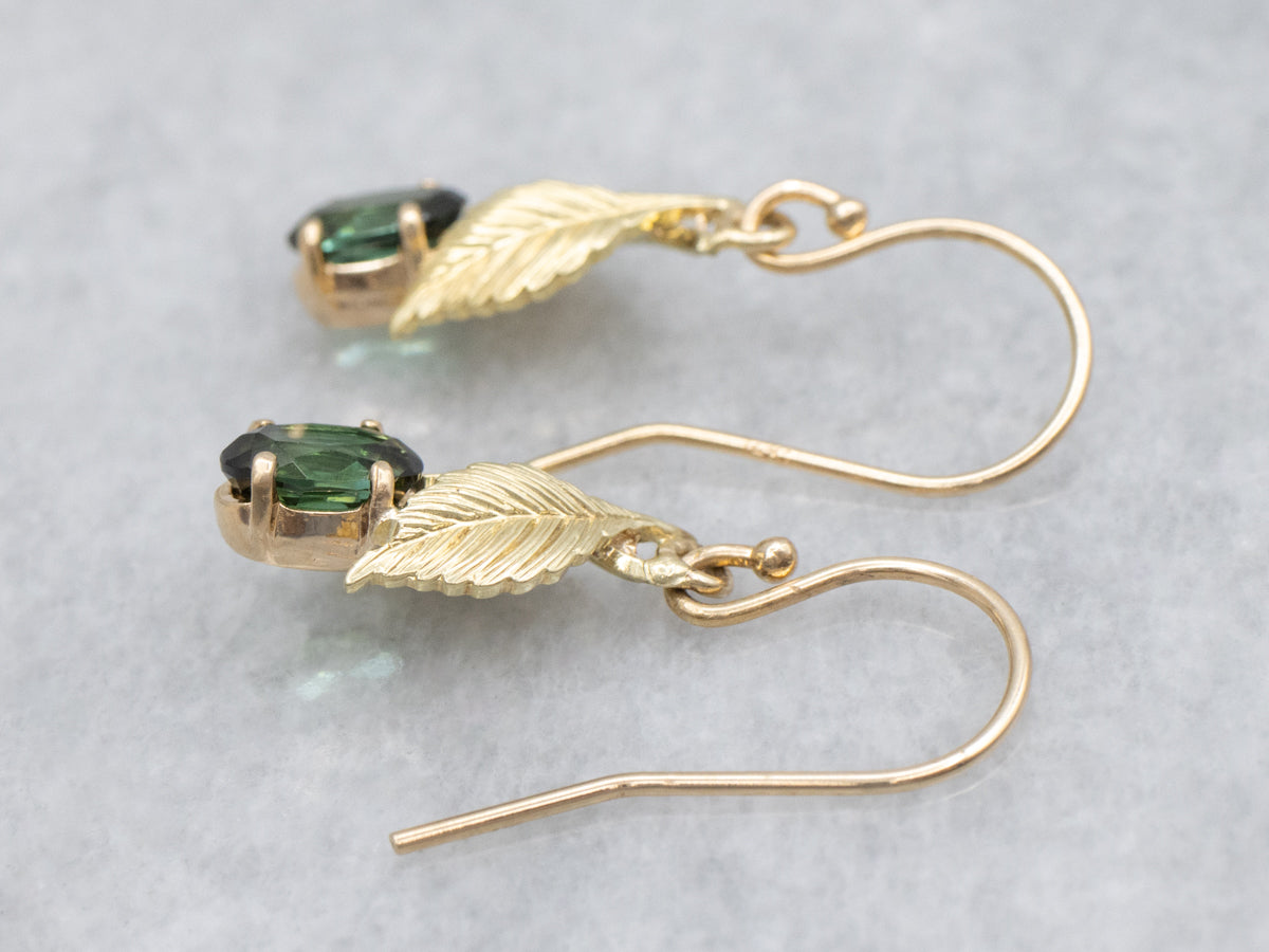 Botanical Green Tourmaline and Gold Leaf Drop Earrings