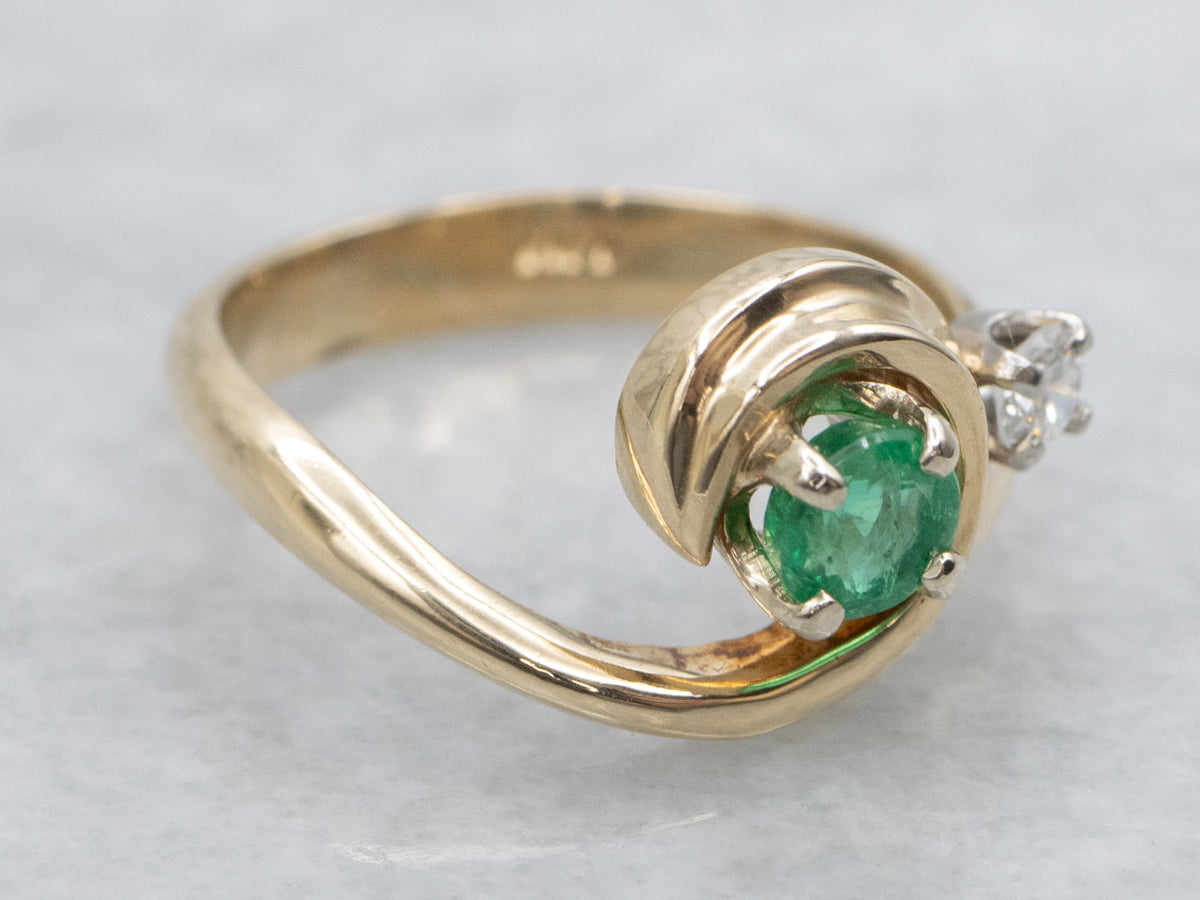 Emerald and Diamond Vintage Gold Swirl Ring
