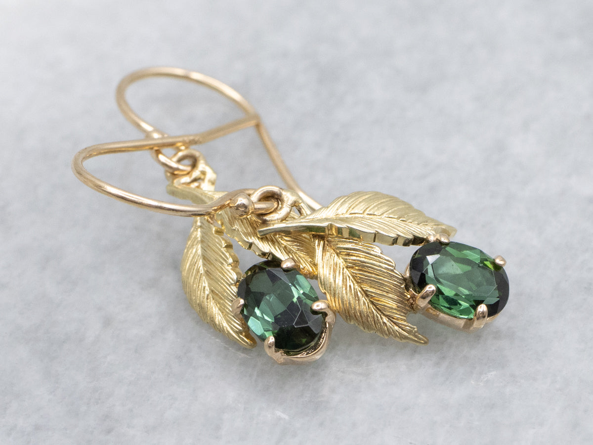 Botanical Green Tourmaline and Gold Leaf Drop Earrings