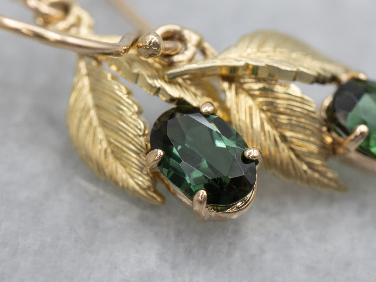 Botanical Green Tourmaline and Gold Leaf Drop Earrings