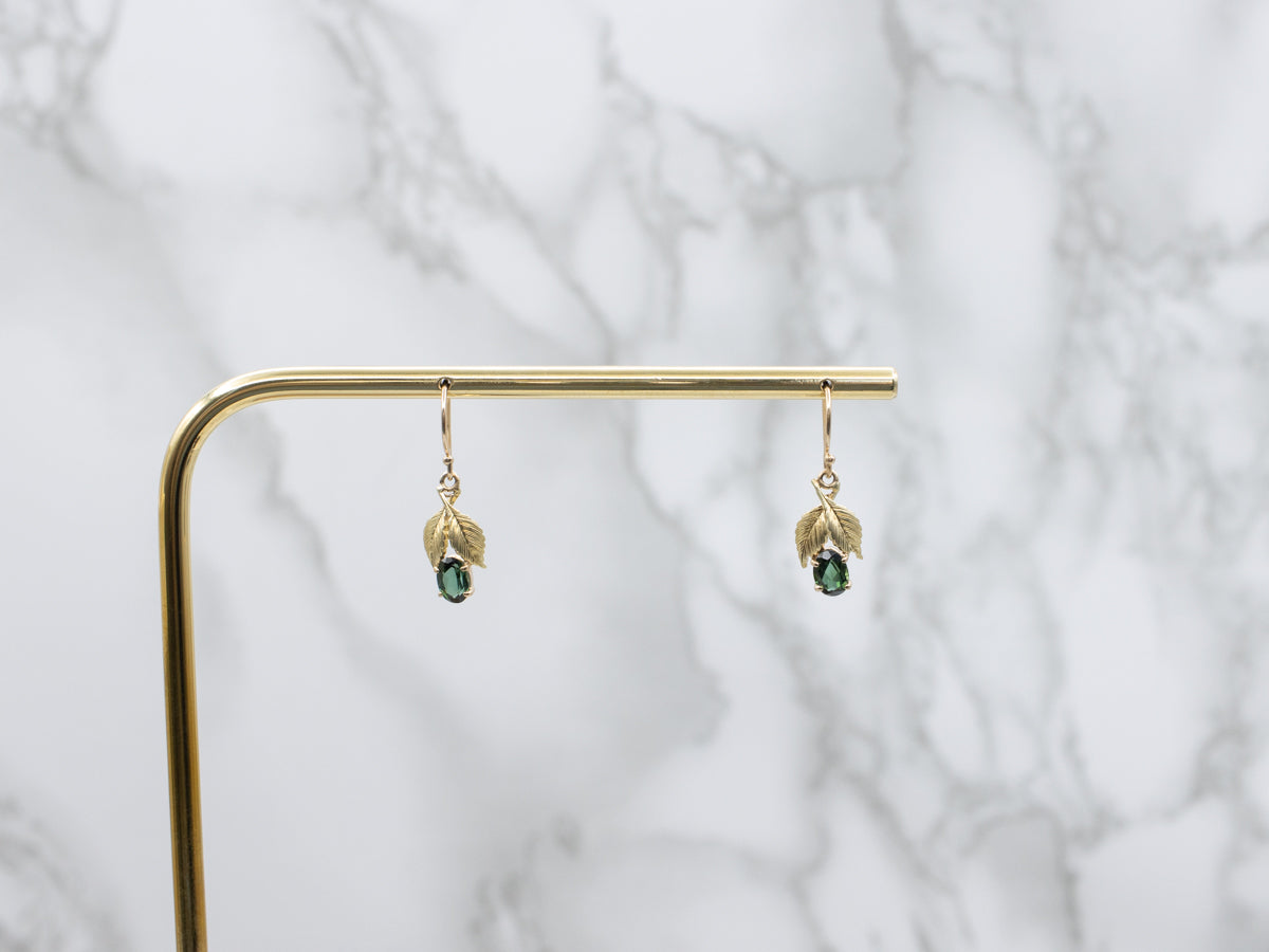 Botanical Green Tourmaline and Gold Leaf Drop Earrings