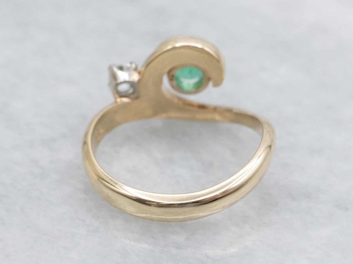 Emerald and Diamond Vintage Gold Swirl Ring