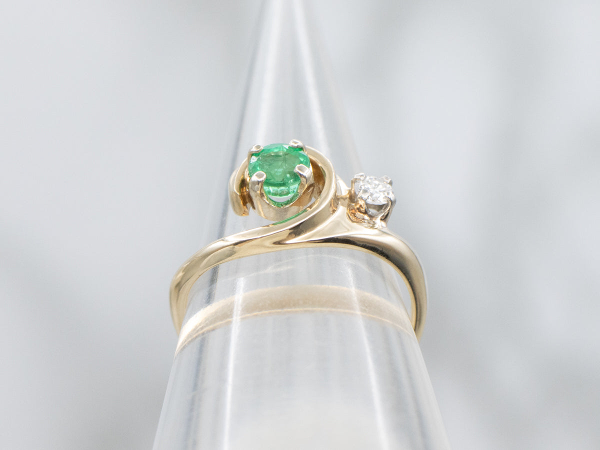 Emerald and Diamond Vintage Gold Swirl Ring