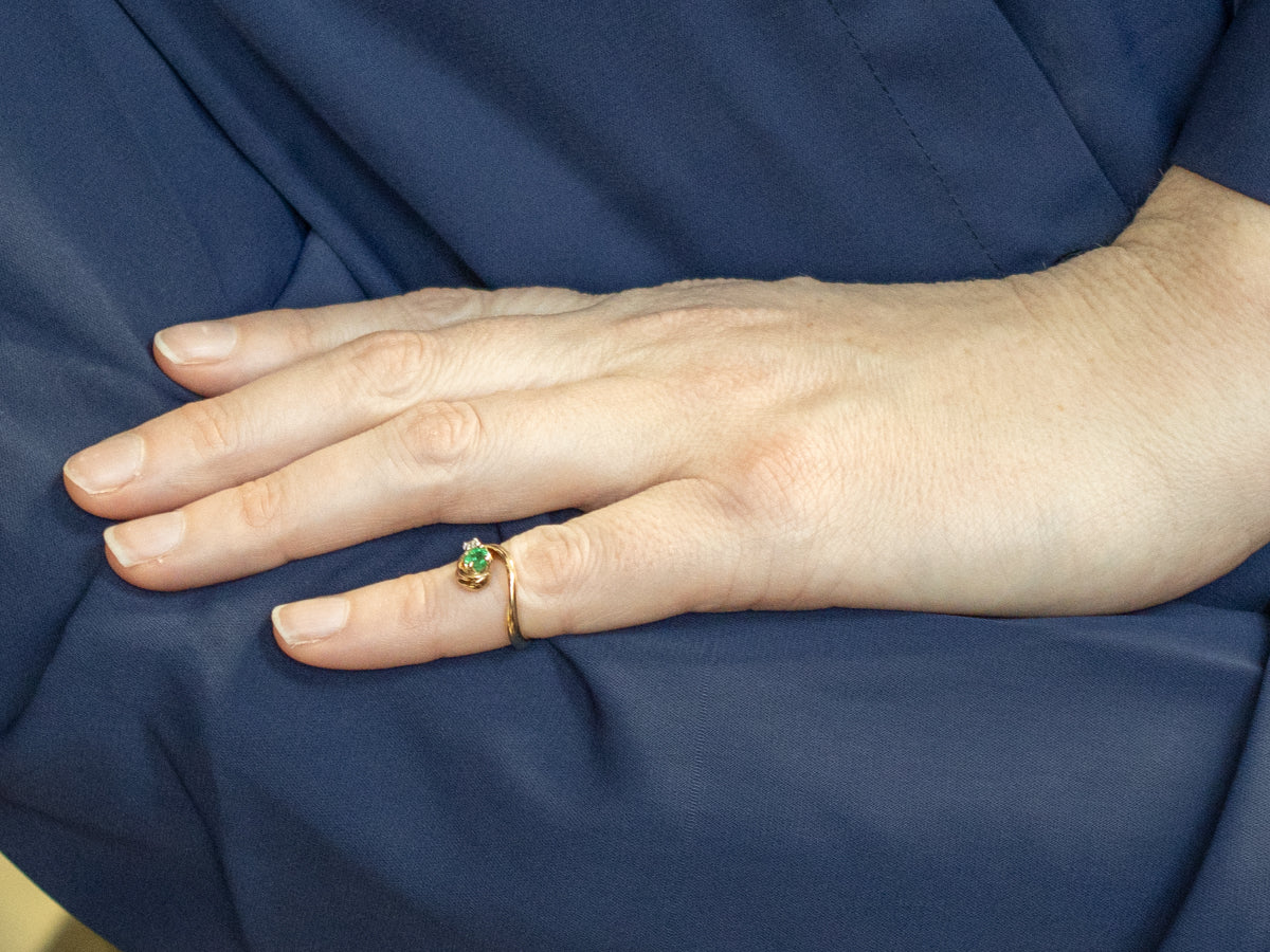 Emerald and Diamond Vintage Gold Swirl Ring