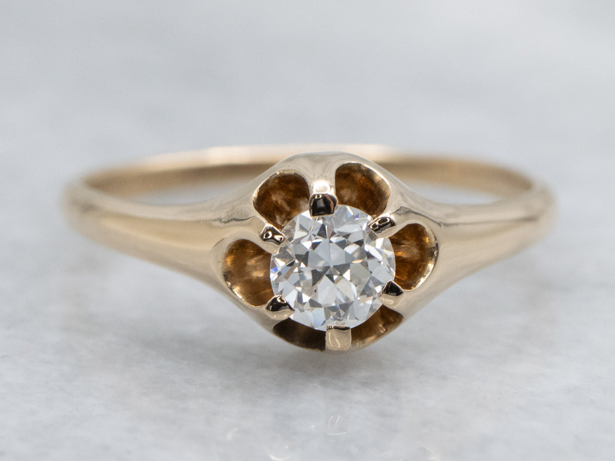 European Cut Diamond Solitaire Gold Engagement Ring