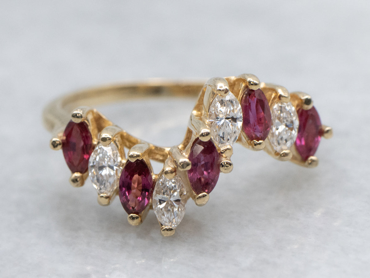 Marquise-Cut Diamond and Ruby Scrolling Gold Band