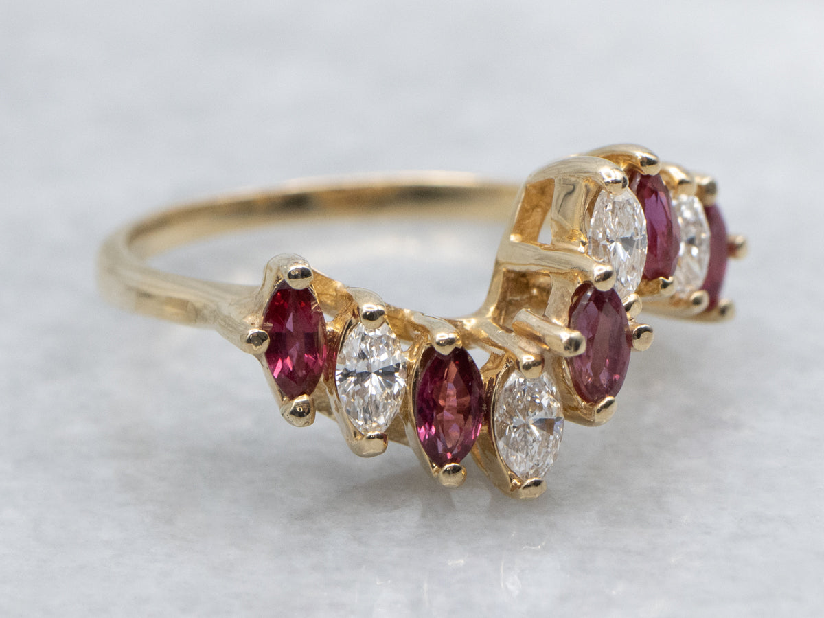 Marquise-Cut Diamond and Ruby Scrolling Gold Band