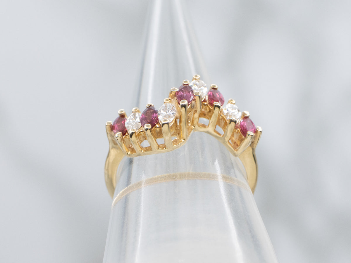 Marquise-Cut Diamond and Ruby Scrolling Gold Band