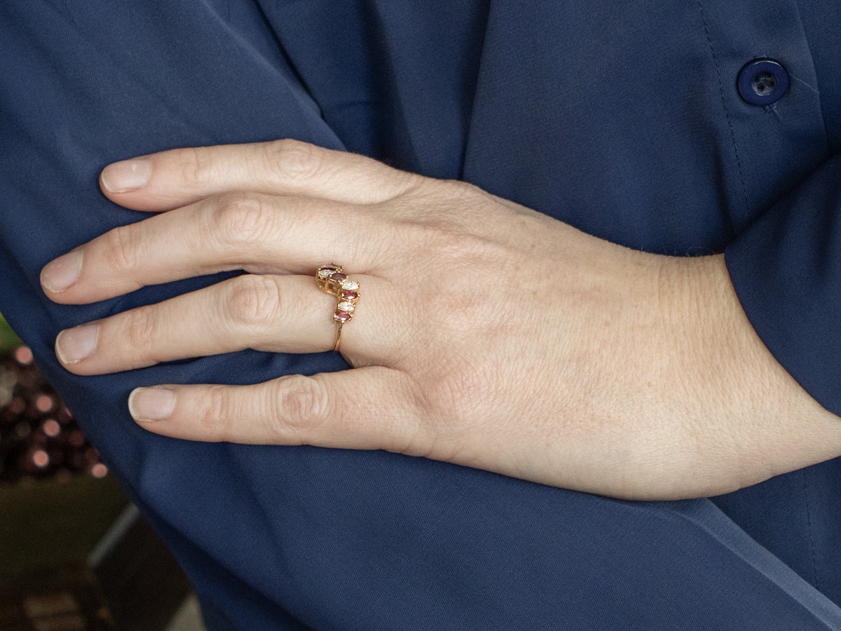 Marquise-Cut Diamond and Ruby Scrolling Gold Band