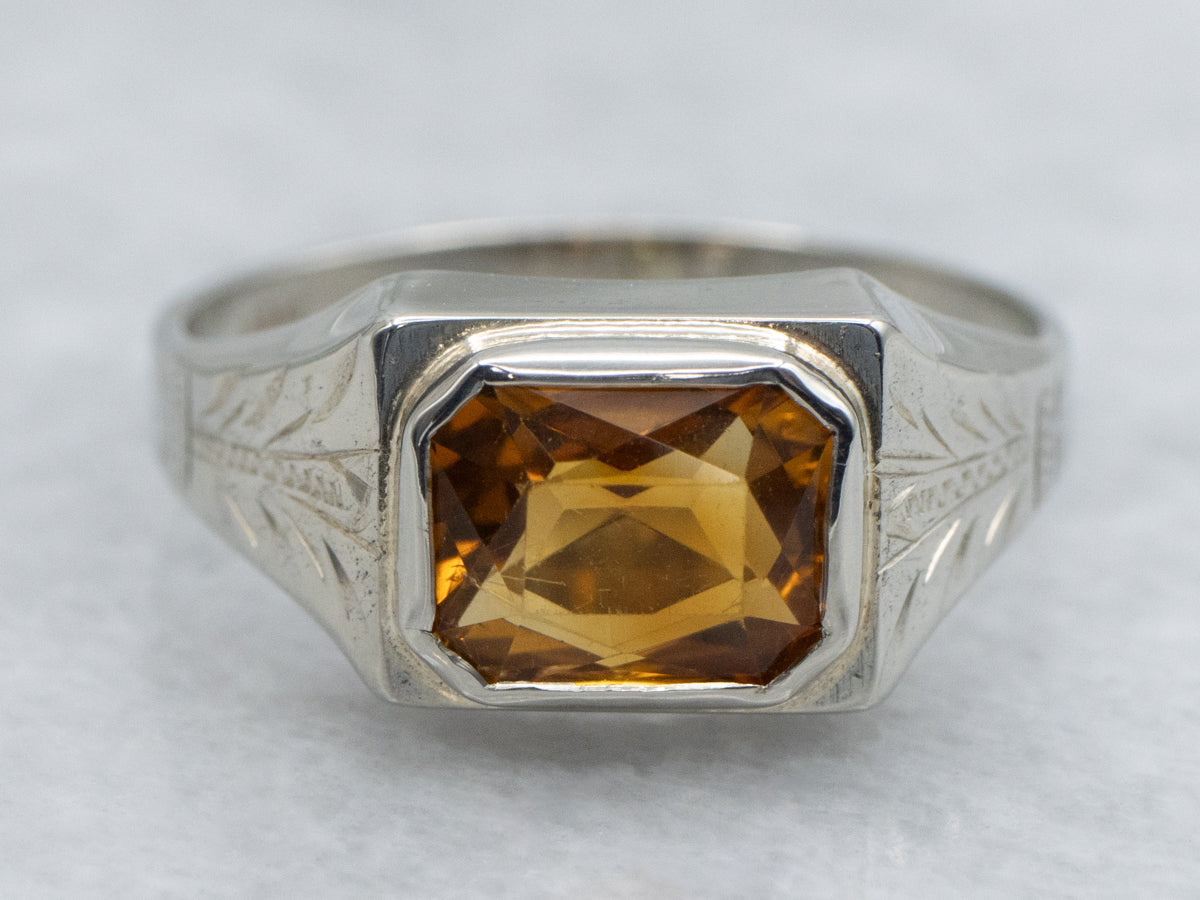 Hand-Engraved Antique Gold Unisex Citrine Ring