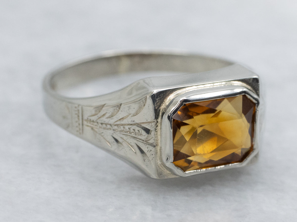 Hand-Engraved Antique Gold Unisex Citrine Ring