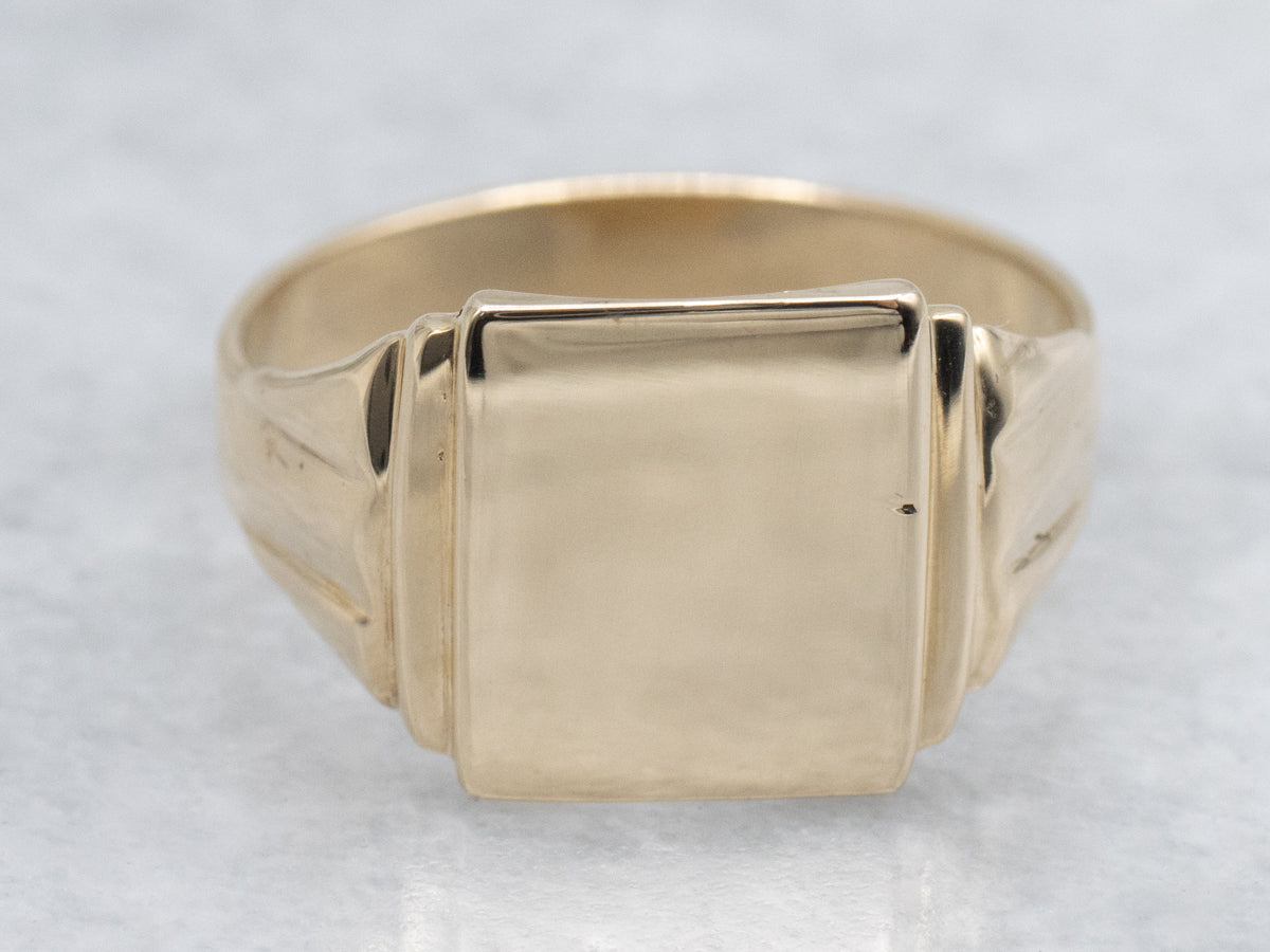 Plain Square-Topped Yellow Gold Signet Ring with Grooved Shoulders