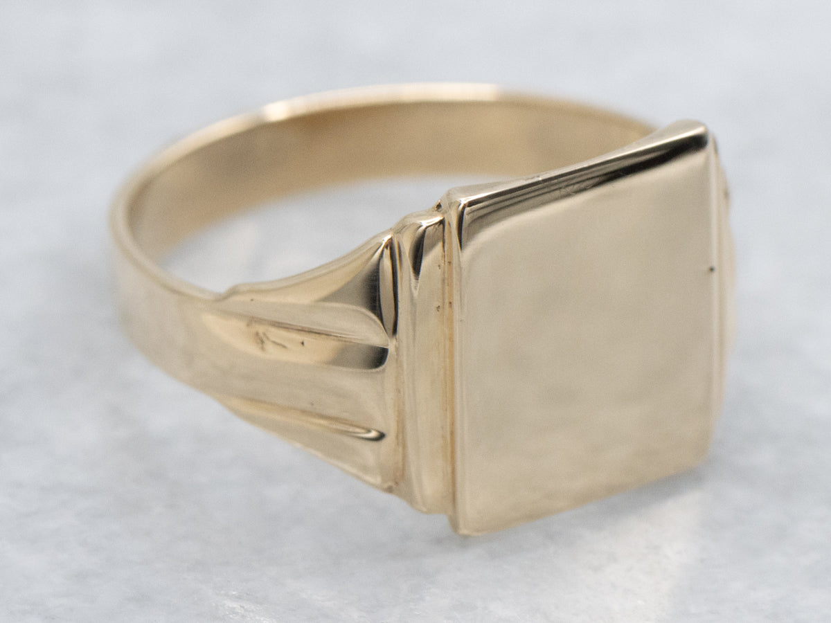 Plain Square-Topped Yellow Gold Signet Ring with Grooved Shoulders