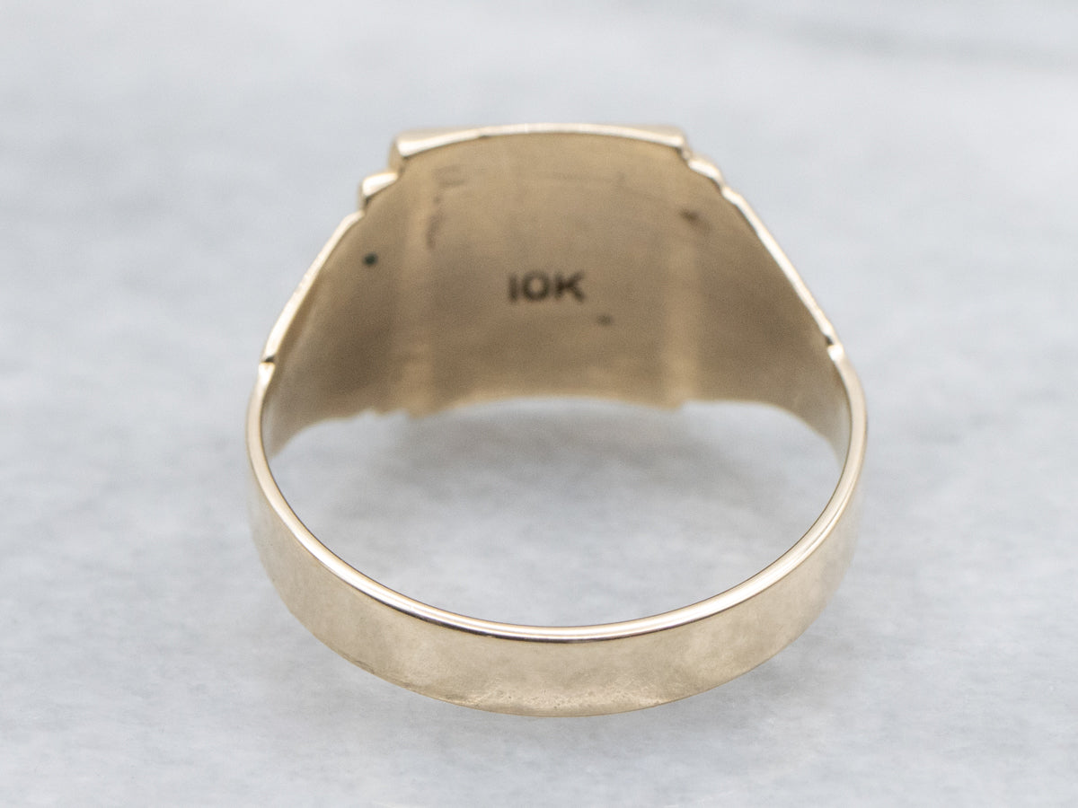 Plain Square-Topped Yellow Gold Signet Ring with Grooved Shoulders
