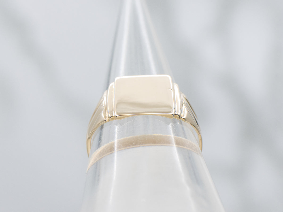 Plain Square-Topped Yellow Gold Signet Ring with Grooved Shoulders