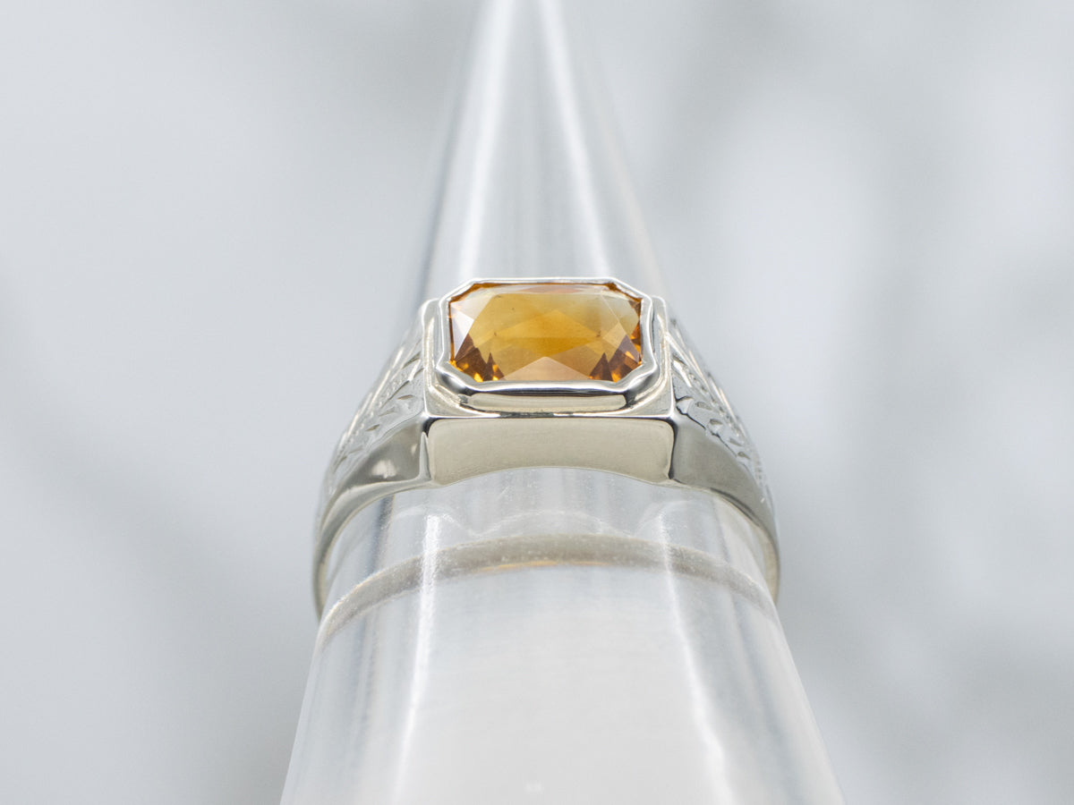 Hand-Engraved Antique Gold Unisex Citrine Ring
