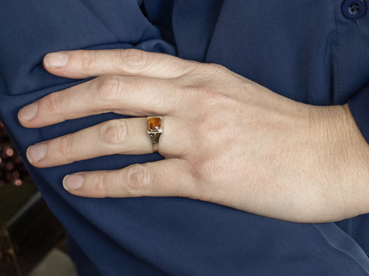 Hand-Engraved Antique Gold Unisex Citrine Ring